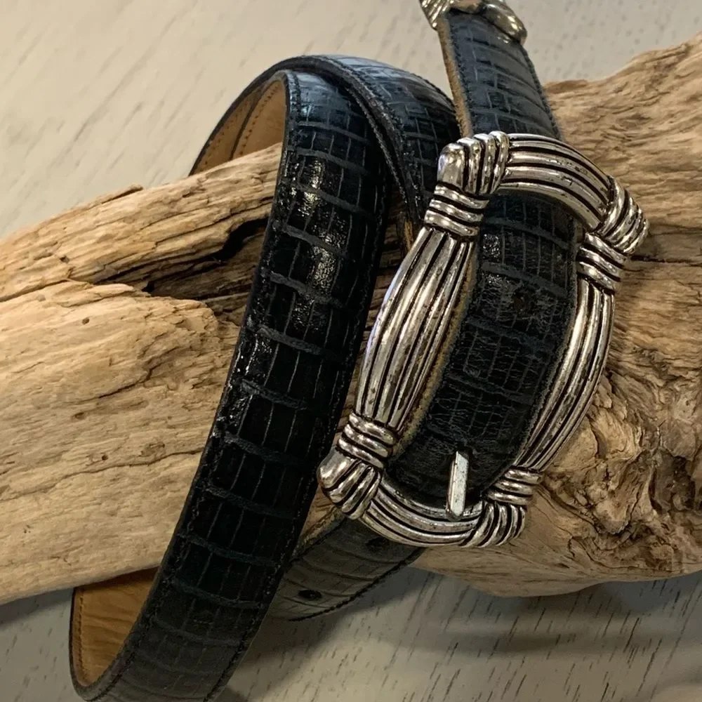 Brighton Black Croc-Embossed Belt with Silver Buckle